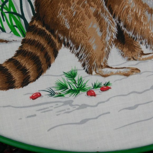 Embroidery Hoop Art Wall Hanging Raccoon Winter Tree Berries Snow Green Oval - Picture 3 of 6